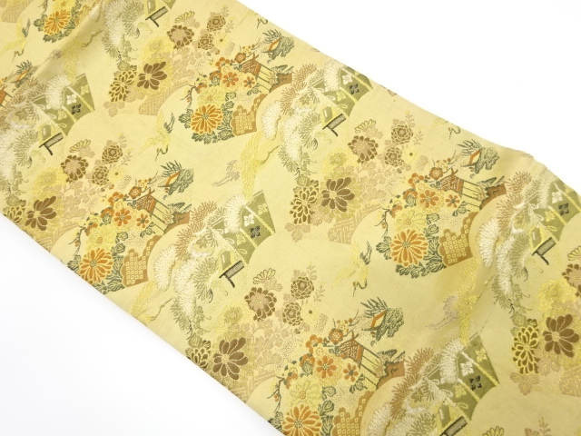 アンティーク　地紙に几帳・鶴・草花模様織り出し名古屋帯（着用可）